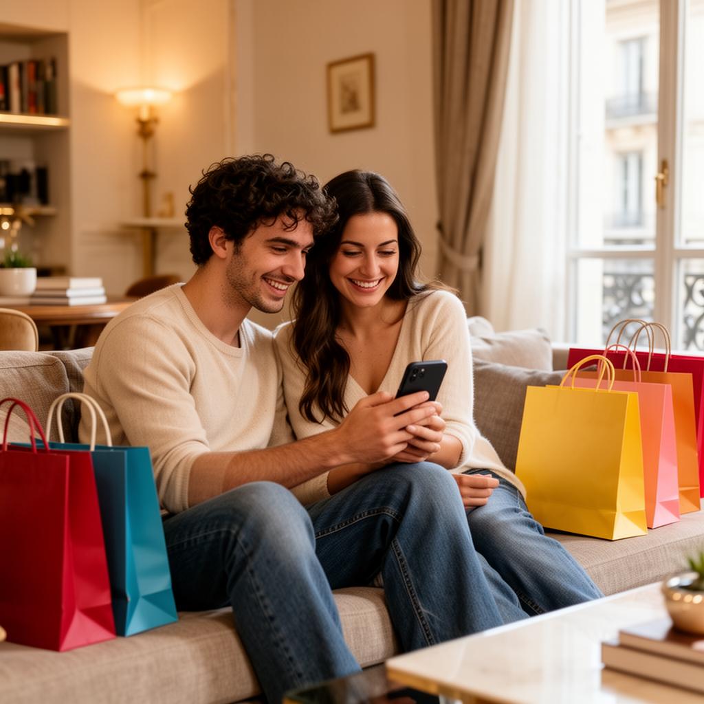 Coppia italiana felice mentre fa acquisti online dal divano