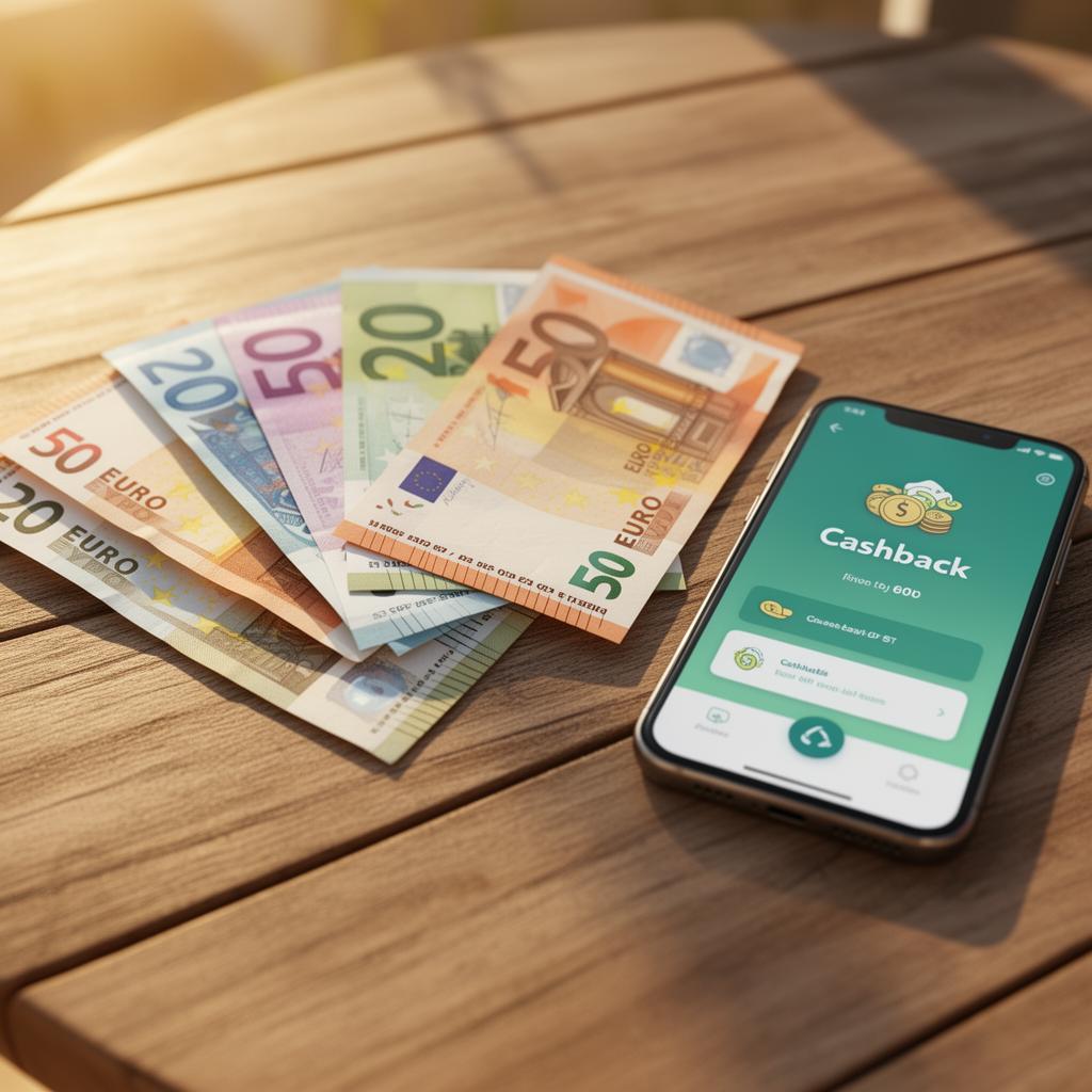 Banconote in euro accanto a uno smartphone con app di cashback